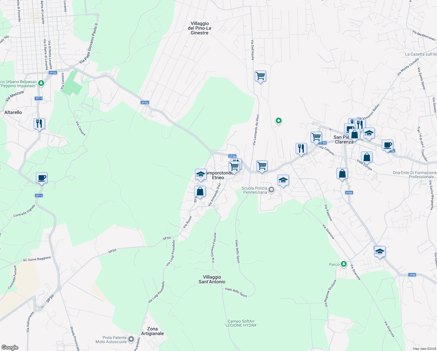 map of restaurants, bars, coffee shops, grocery stores, and more near 25 Piazza Sant'Antonio Abate in Camporotondo Etneo