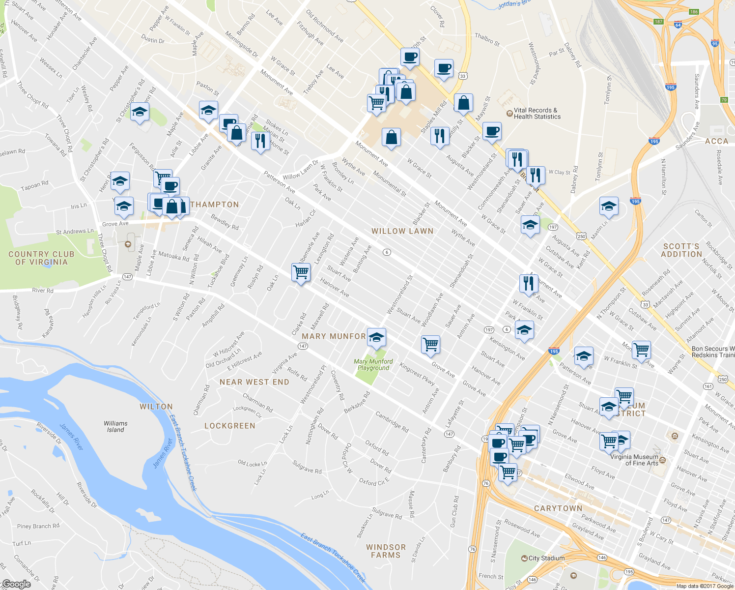 map of restaurants, bars, coffee shops, grocery stores, and more near 4627 Stuart Avenue in Richmond