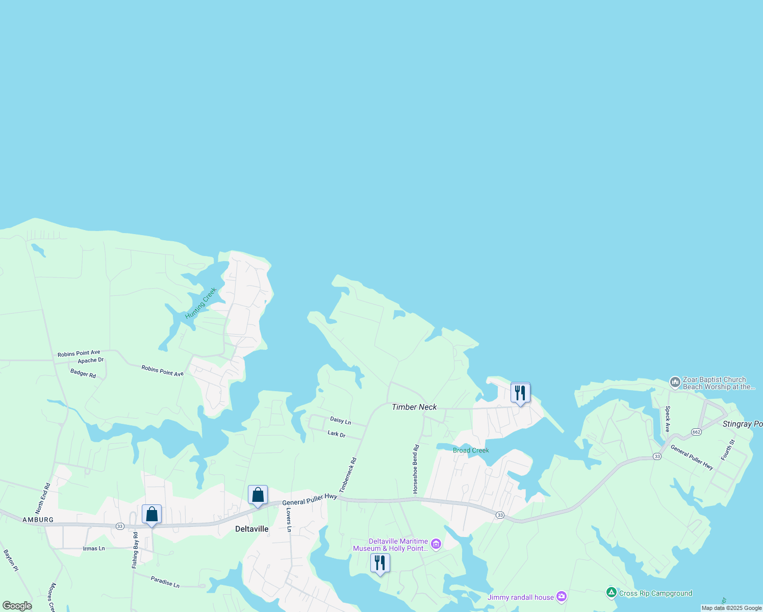map of restaurants, bars, coffee shops, grocery stores, and more near 95 Conifer Run Road in Deltaville