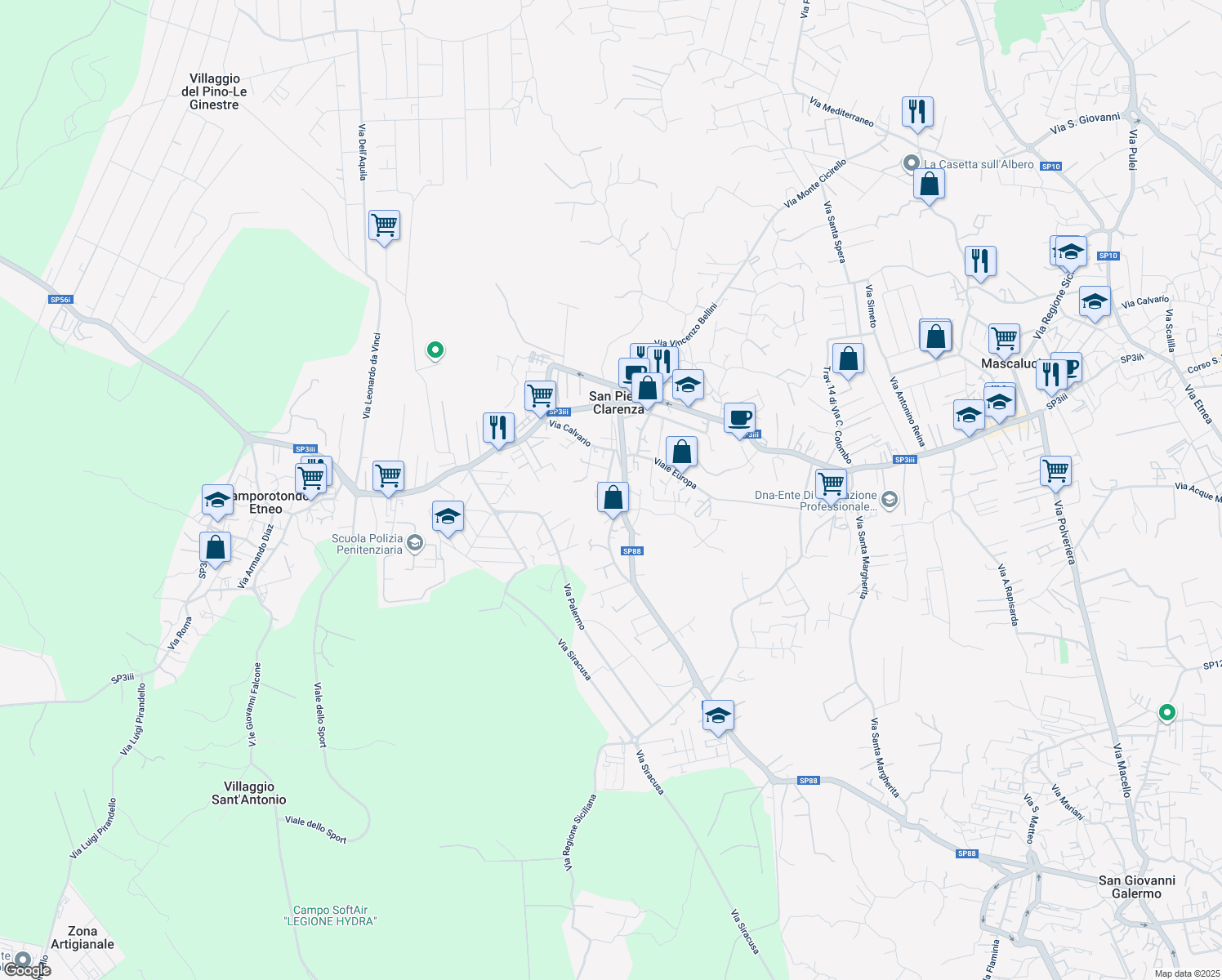 map of restaurants, bars, coffee shops, grocery stores, and more near 28 Via Santa Caterina in San Pietro Clarenza