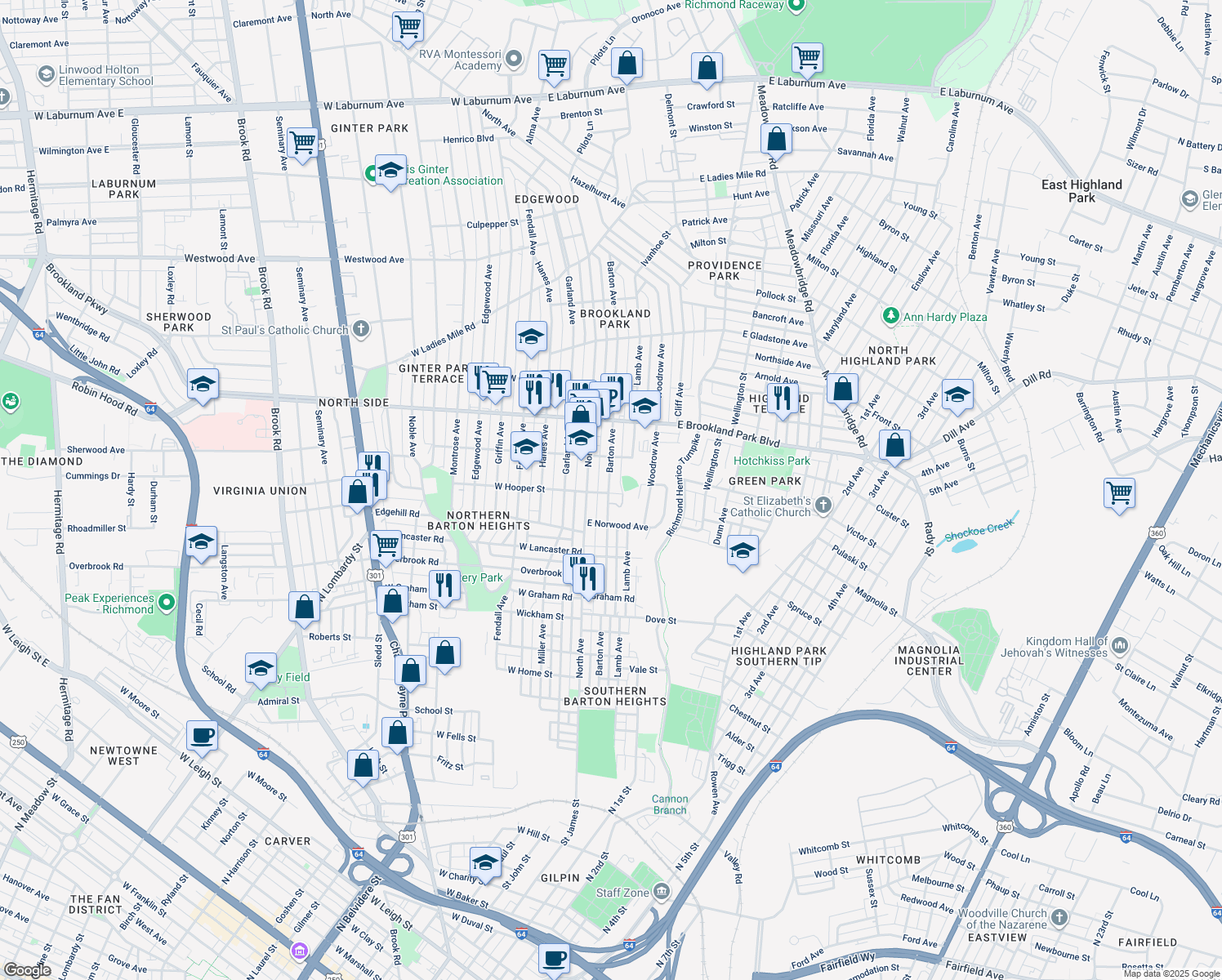 map of restaurants, bars, coffee shops, grocery stores, and more near 2801 Barton Avenue in Richmond