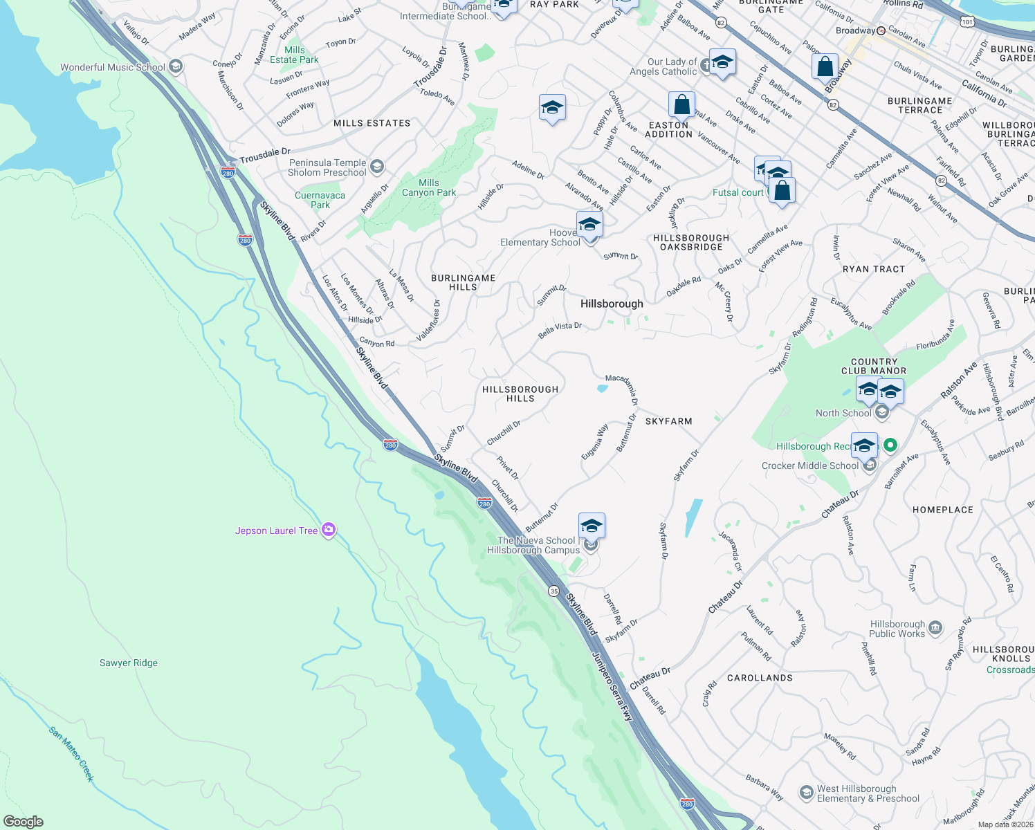 map of restaurants, bars, coffee shops, grocery stores, and more near 2845 Churchill Drive in Hillsborough