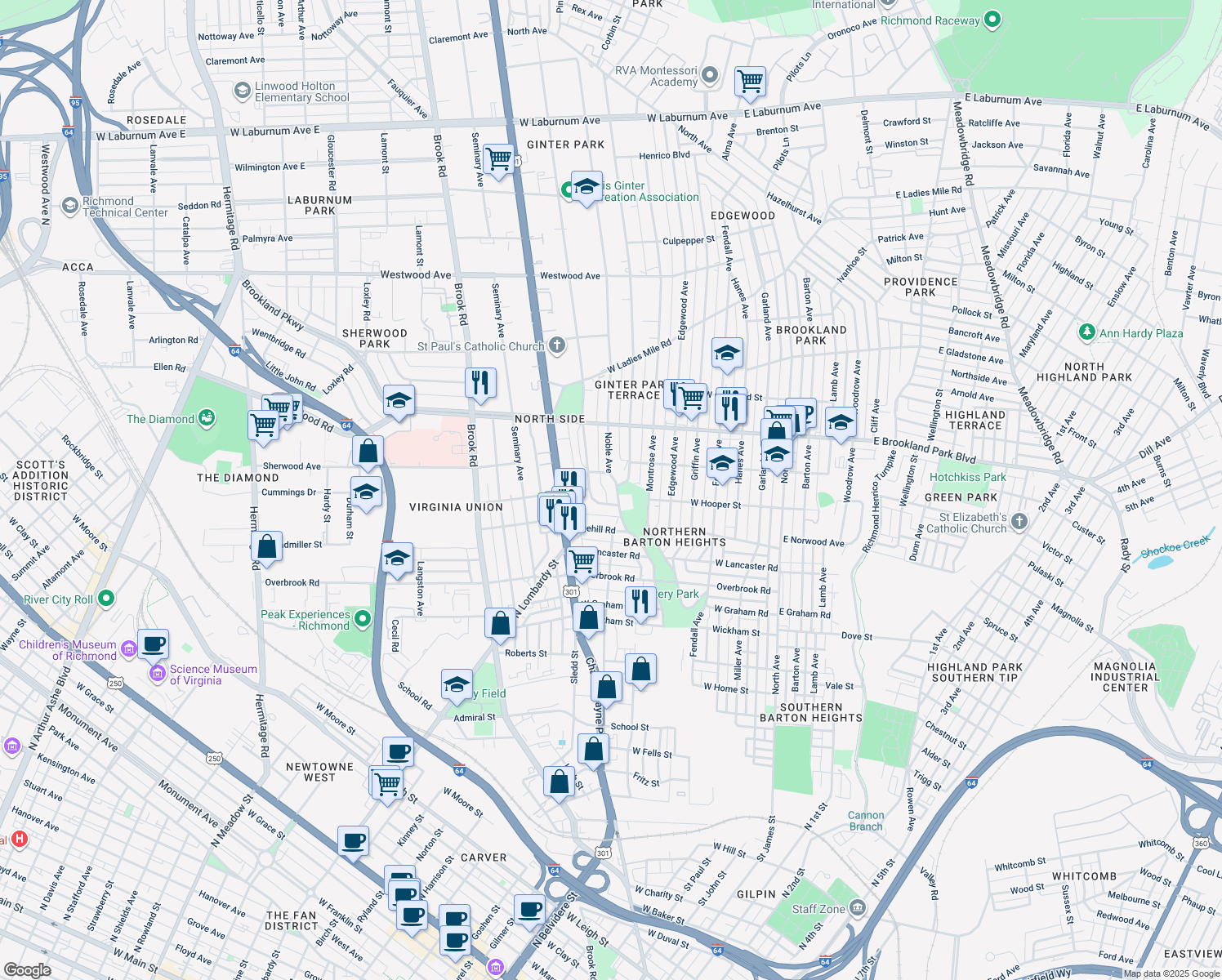 map of restaurants, bars, coffee shops, grocery stores, and more near 2808 Dupont Circle in Richmond