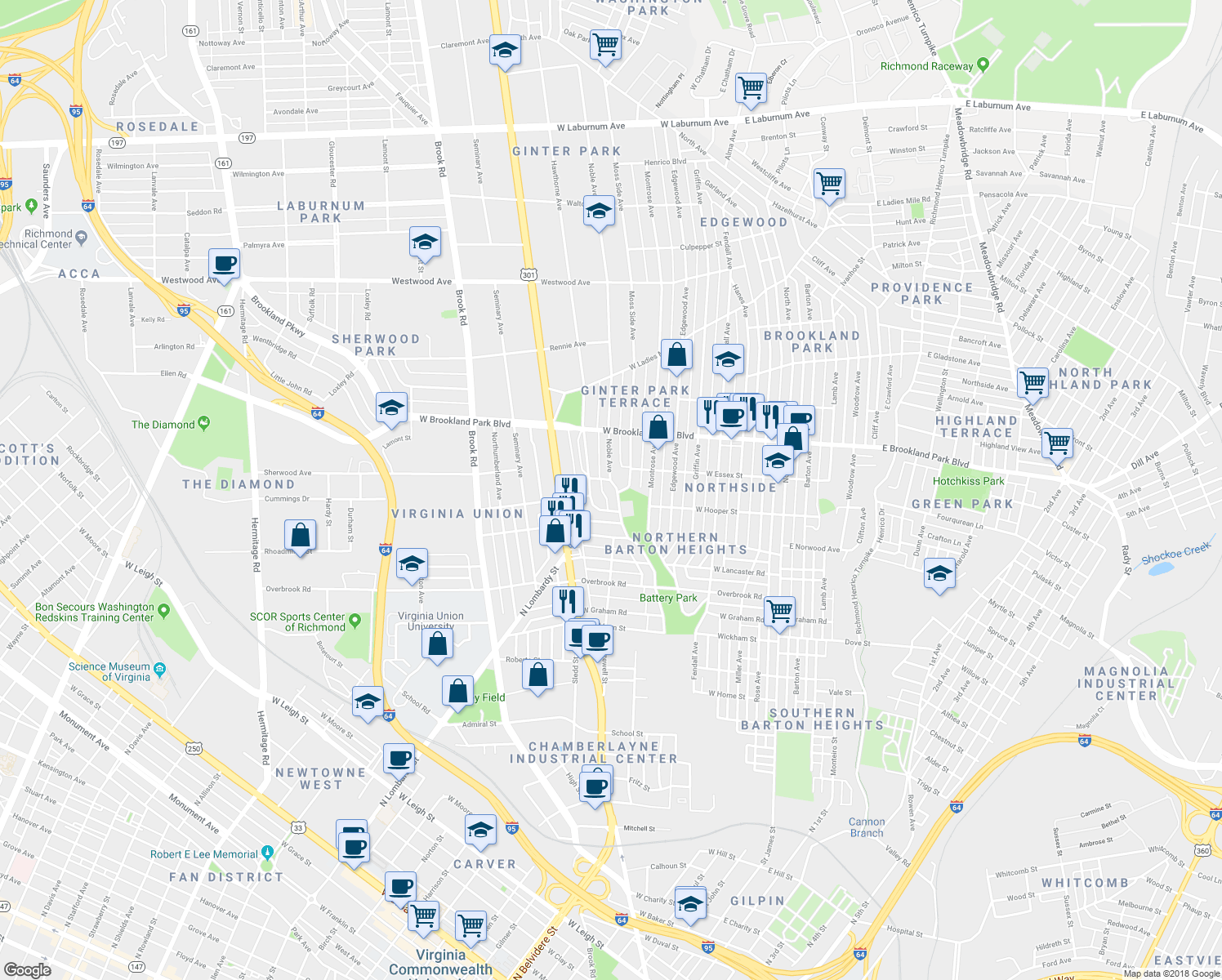 map of restaurants, bars, coffee shops, grocery stores, and more near 2812 Dupont Circle in Richmond