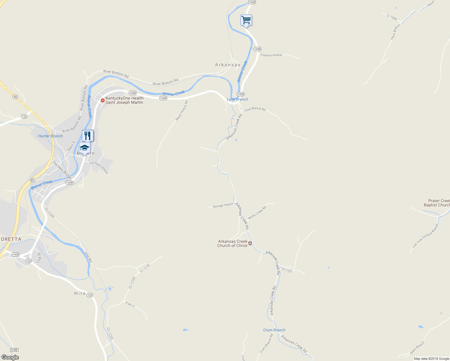 map of restaurants, bars, coffee shops, grocery stores, and more near 722 Arkansas Creek Road in Martin