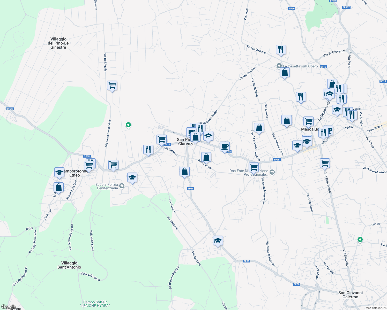 map of restaurants, bars, coffee shops, grocery stores, and more near 38 Via Capitano Navarria in San Pietro Clarenza