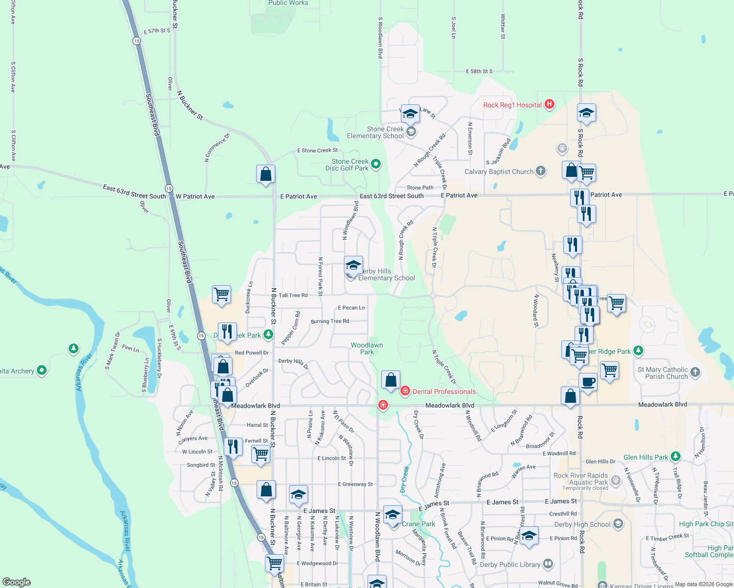 map of restaurants, bars, coffee shops, grocery stores, and more near 314 East Tall Tree Road in Derby