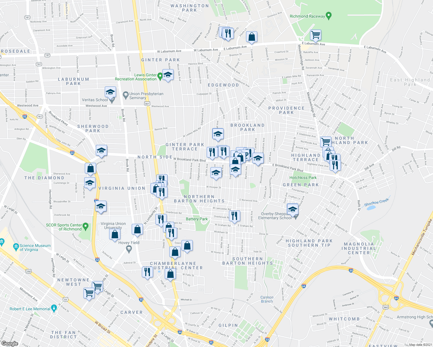 map of restaurants, bars, coffee shops, grocery stores, and more near 2901 Fendall Avenue in Richmond