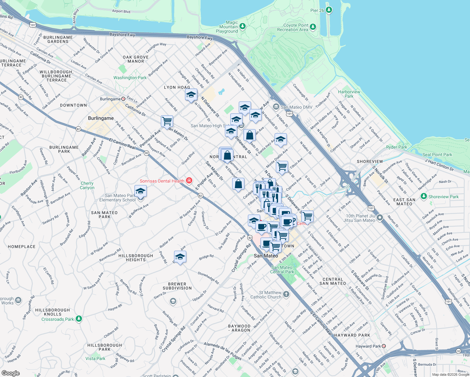 map of restaurants, bars, coffee shops, grocery stores, and more near 216 North San Mateo Drive in San Mateo