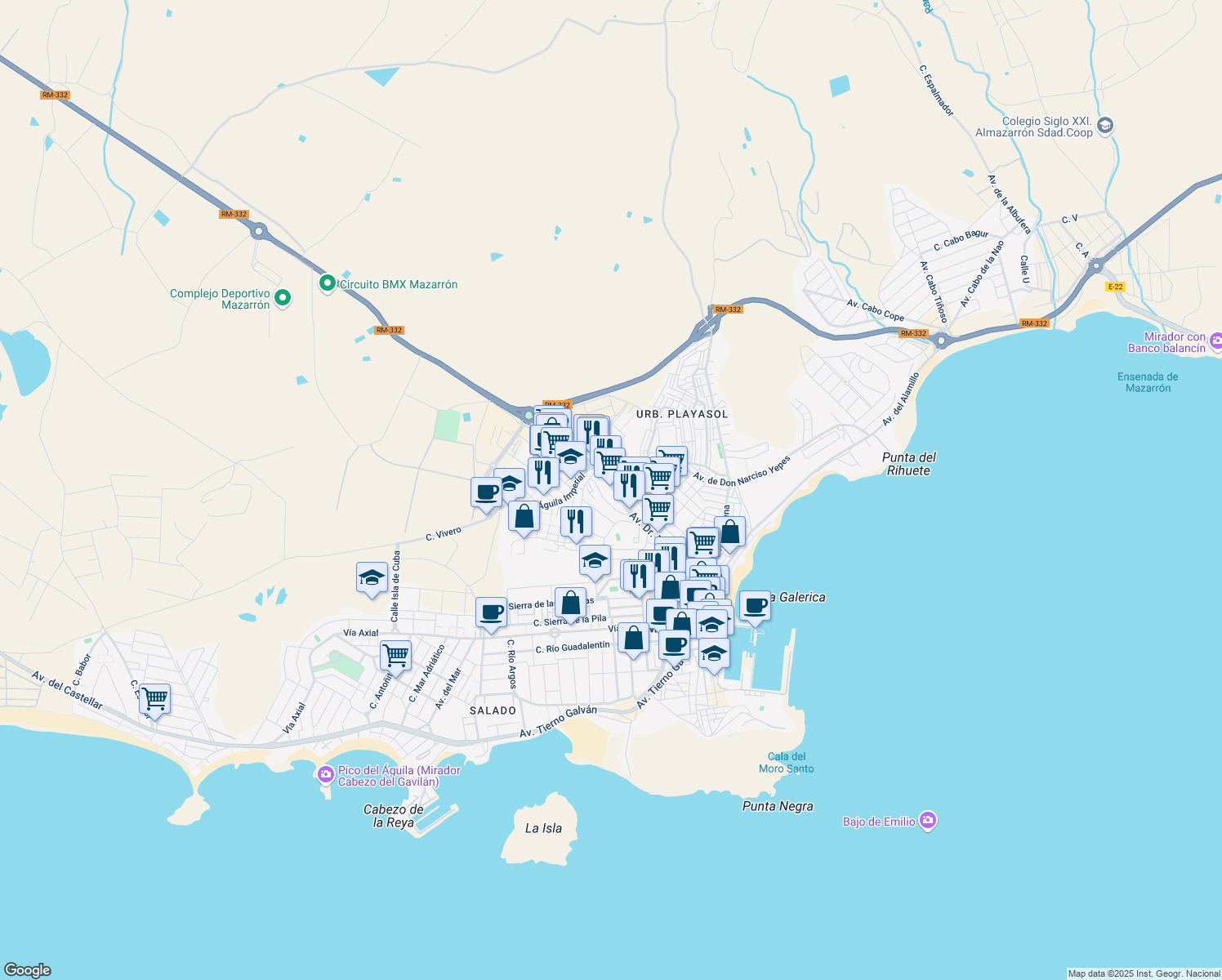 map of restaurants, bars, coffee shops, grocery stores, and more near 107 Calle Naranjo de Bulnes in Puerto de Mazarrón