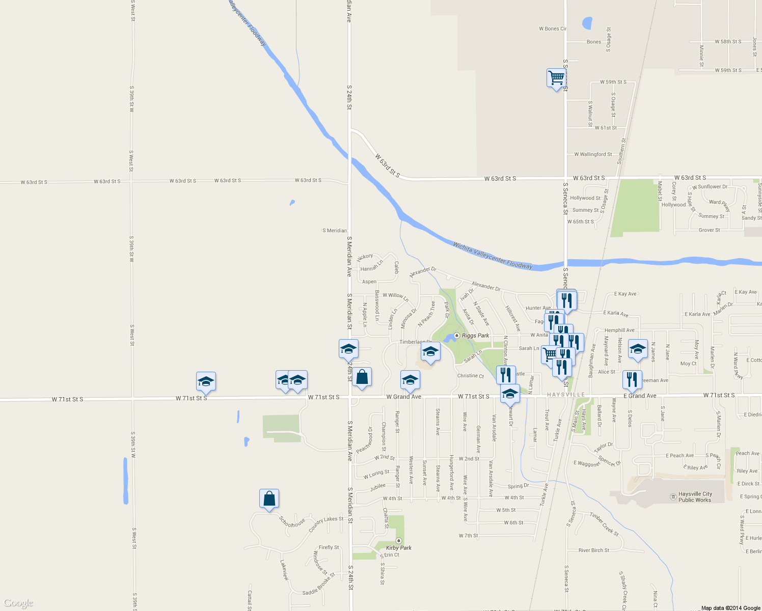 map of restaurants, bars, coffee shops, grocery stores, and more near 412 Basswood Lane in Haysville