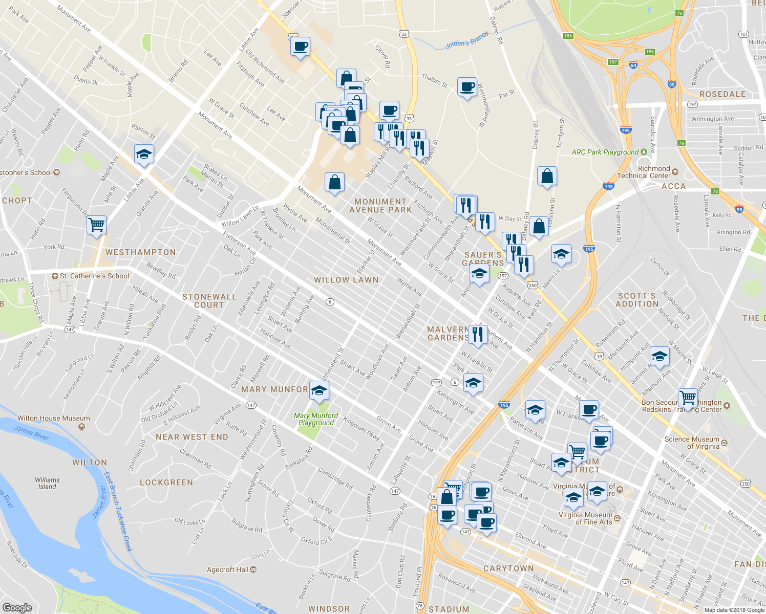 map of restaurants, bars, coffee shops, grocery stores, and more near 4507 West Franklin Street in Richmond