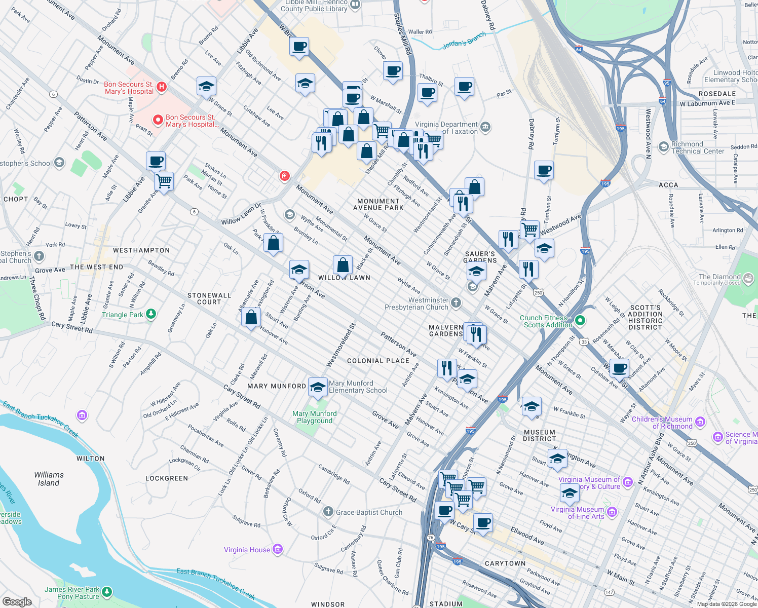 map of restaurants, bars, coffee shops, grocery stores, and more near 4509 W Franklin St in Richmond