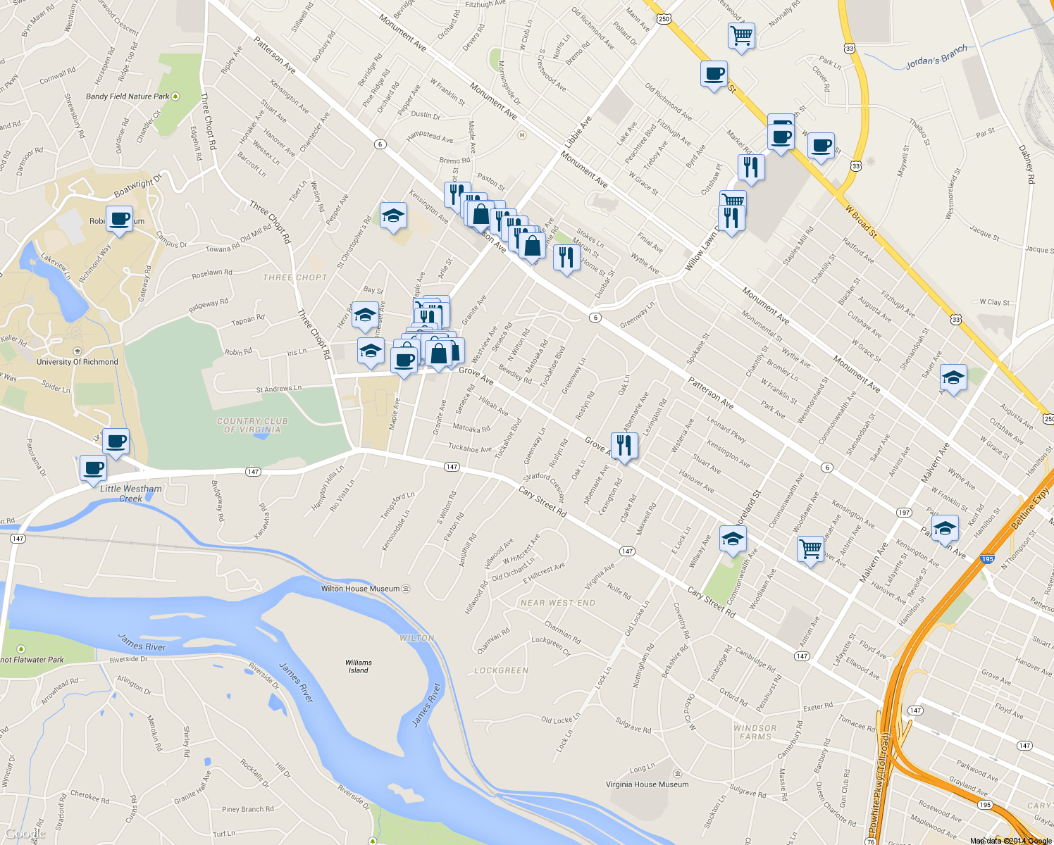 map of restaurants, bars, coffee shops, grocery stores, and more near 201 Tuckahoe Boulevard in Richmond