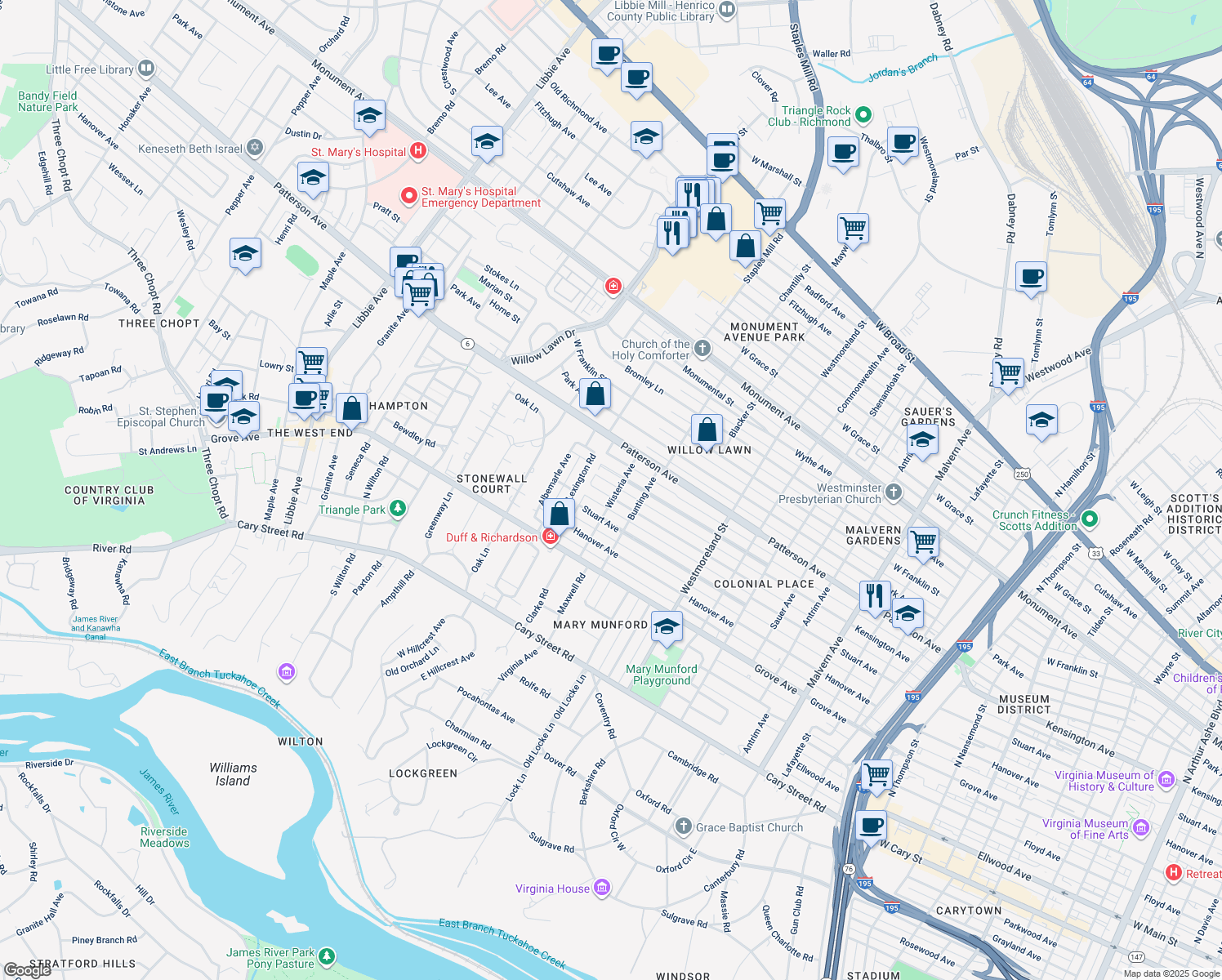 map of restaurants, bars, coffee shops, grocery stores, and more near 4802 Kensington Avenue in Richmond