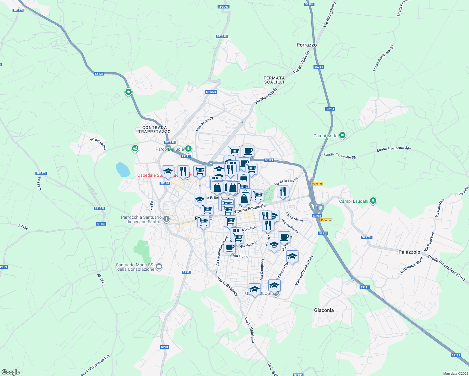 map of restaurants, bars, coffee shops, grocery stores, and more near 60 Via Torquato Tasso in Paternò