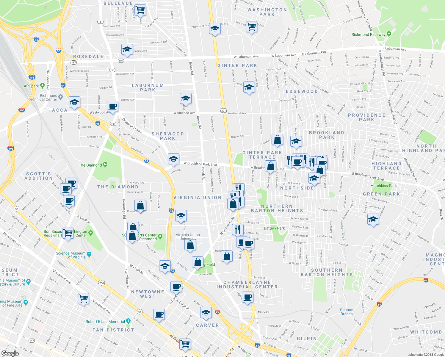 map of restaurants, bars, coffee shops, grocery stores, and more near 2917 Seminary Avenue in Richmond