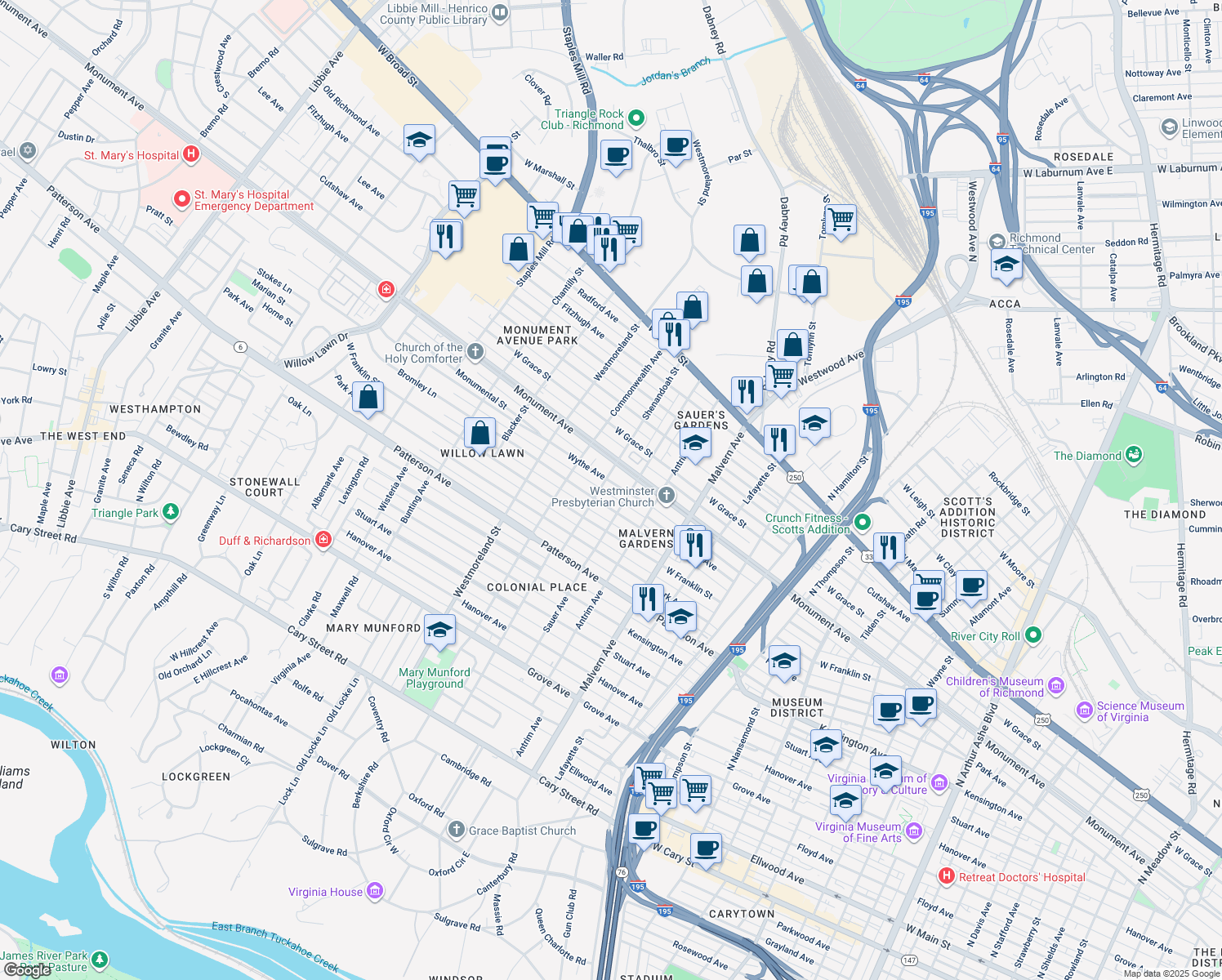 map of restaurants, bars, coffee shops, grocery stores, and more near 4307 Wythe Avenue in Richmond