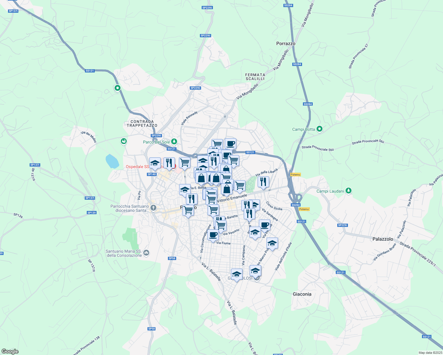 map of restaurants, bars, coffee shops, grocery stores, and more near 60 Via Torquato Tasso in Paternò