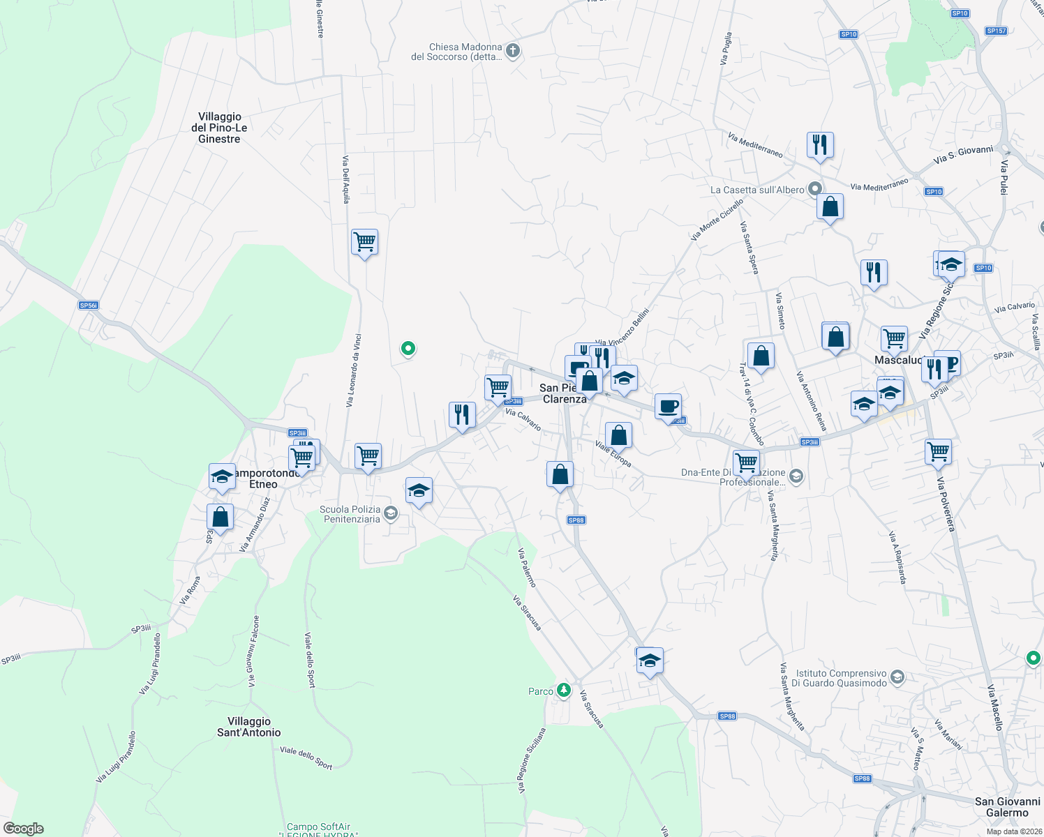 map of restaurants, bars, coffee shops, grocery stores, and more near 59 Via Calvario in San Pietro Clarenza