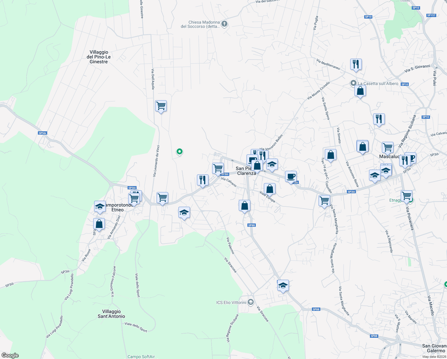 map of restaurants, bars, coffee shops, grocery stores, and more near 348 Via Umberto in San Pietro Clarenza