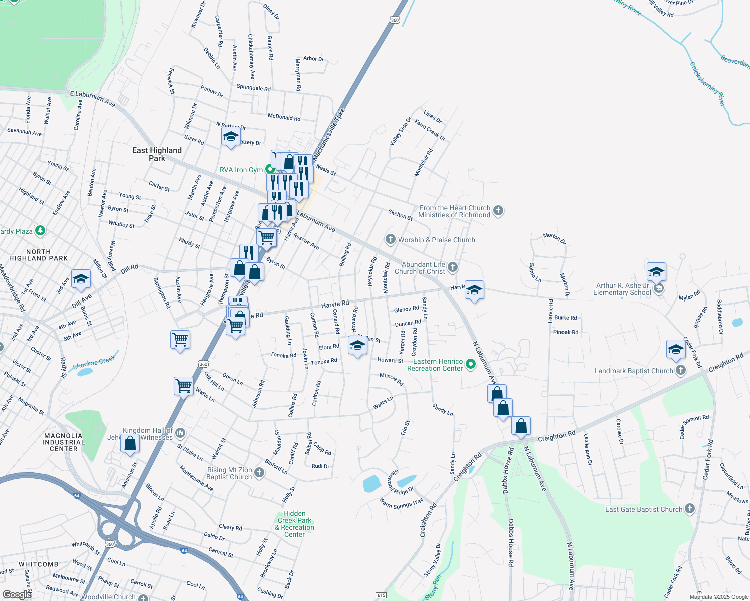 map of restaurants, bars, coffee shops, grocery stores, and more near 3437 Reynolds Road in Richmond