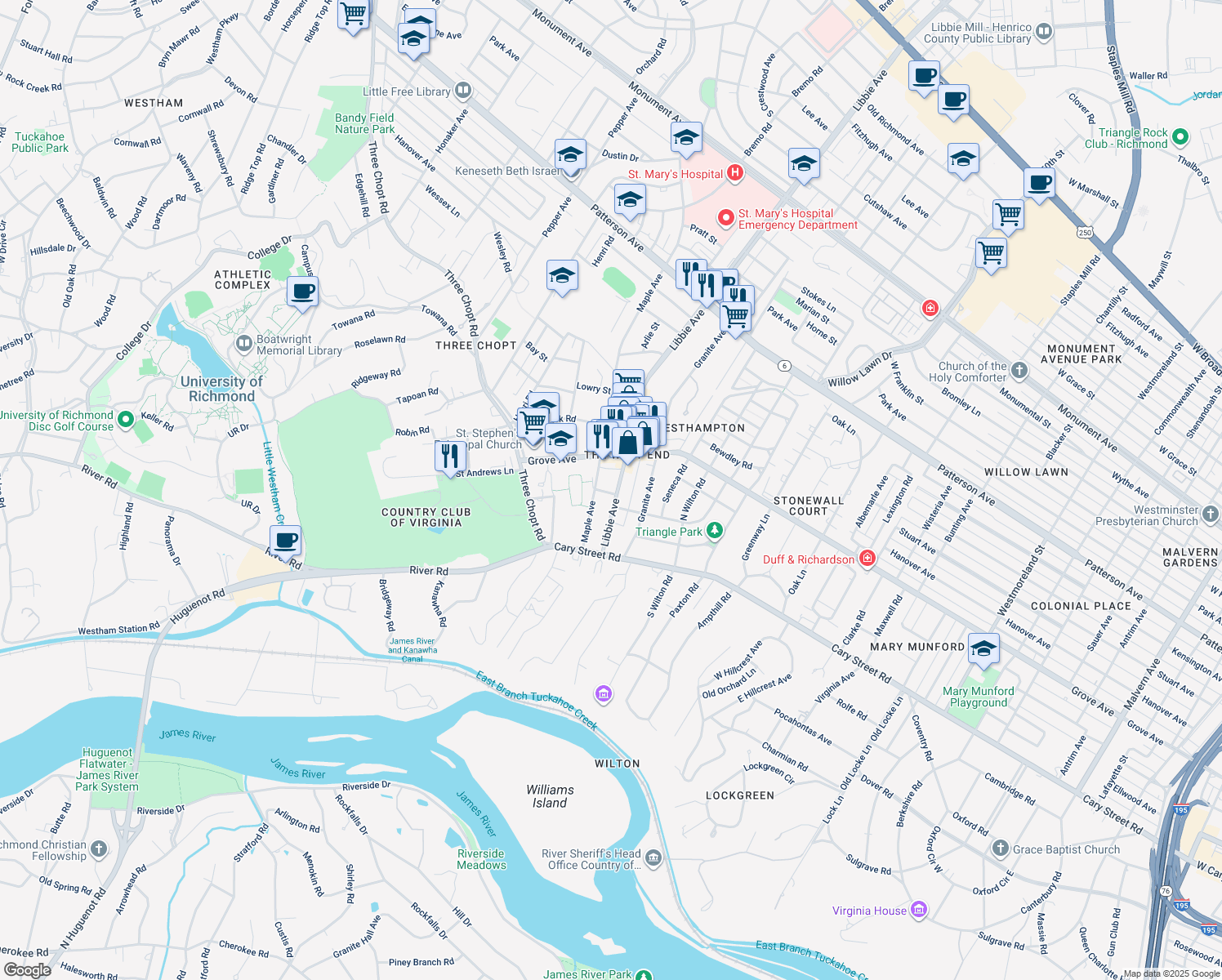map of restaurants, bars, coffee shops, grocery stores, and more near 106 Libbie Avenue in Richmond