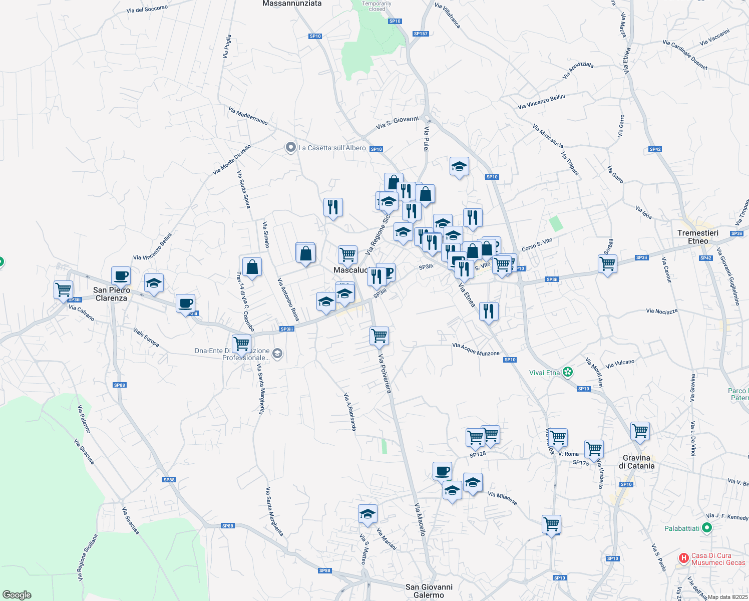 map of restaurants, bars, coffee shops, grocery stores, and more near 13 Via Papa Giovanni XXIII in Mascalucia