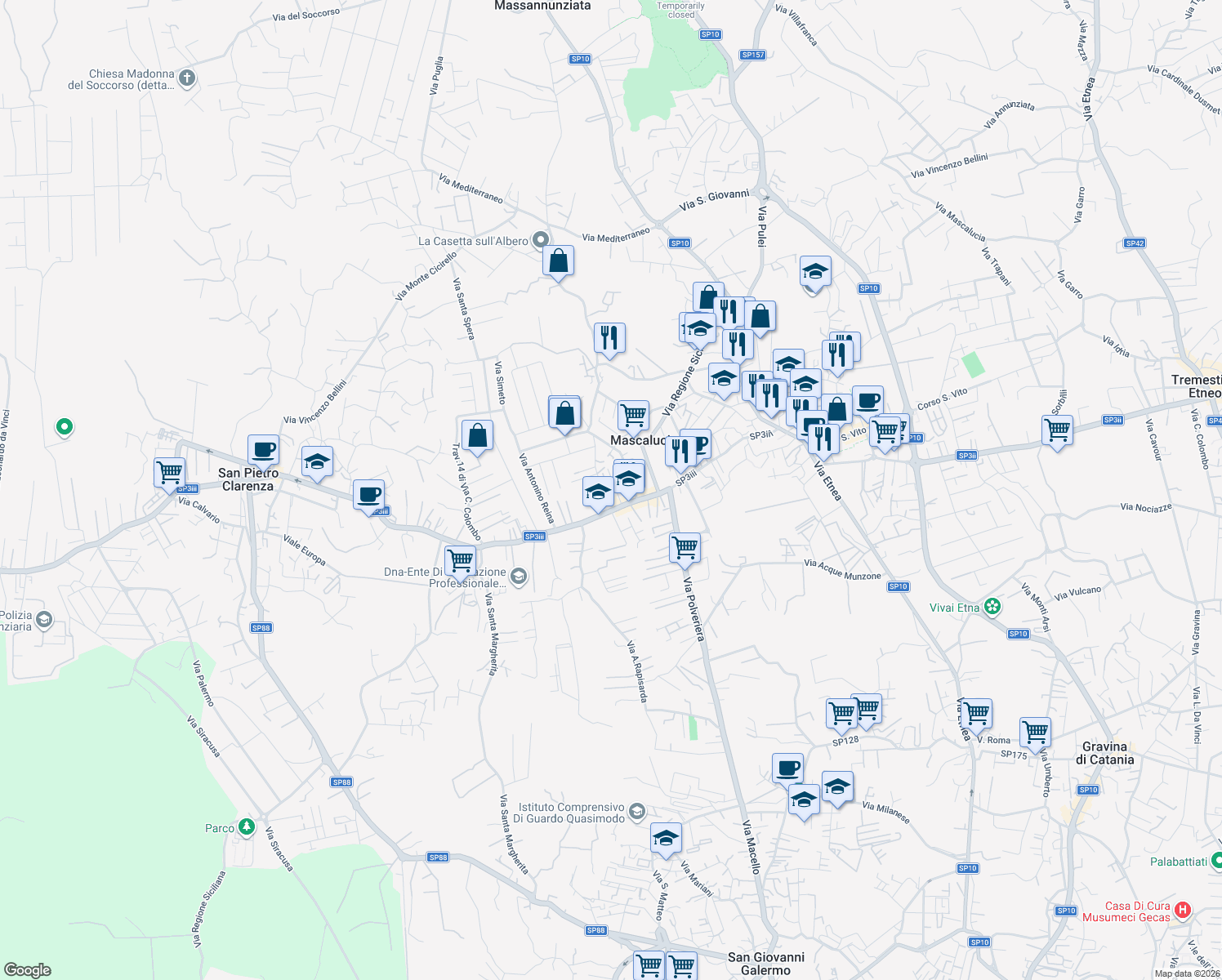 map of restaurants, bars, coffee shops, grocery stores, and more near 17 Via Sciara in Mascalucia
