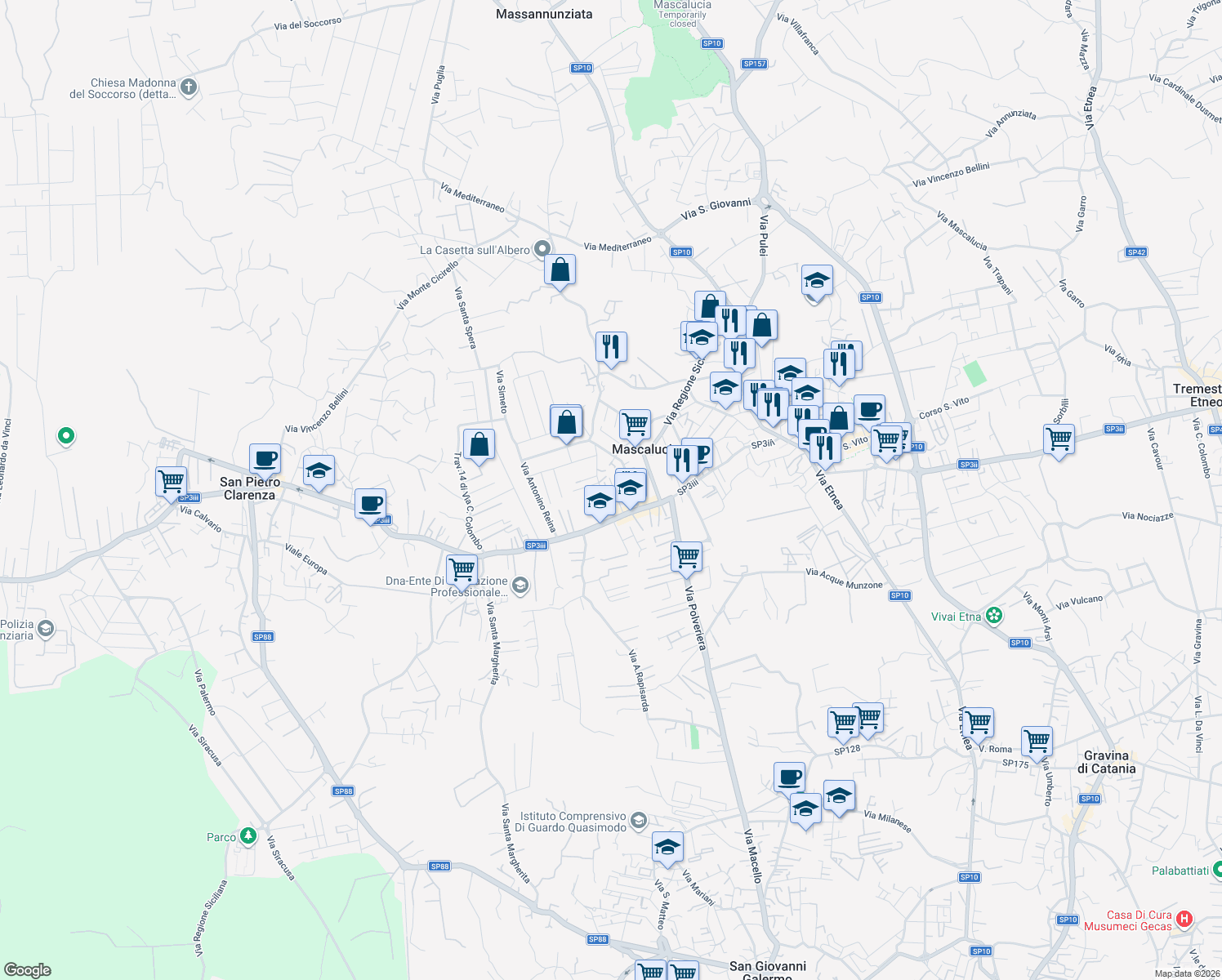 map of restaurants, bars, coffee shops, grocery stores, and more near 17 Via Sciara in Mascalucia