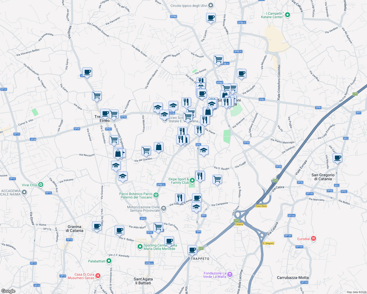 map of restaurants, bars, coffee shops, grocery stores, and more near 23A Via Ravanusa in San Giovanni La Punta