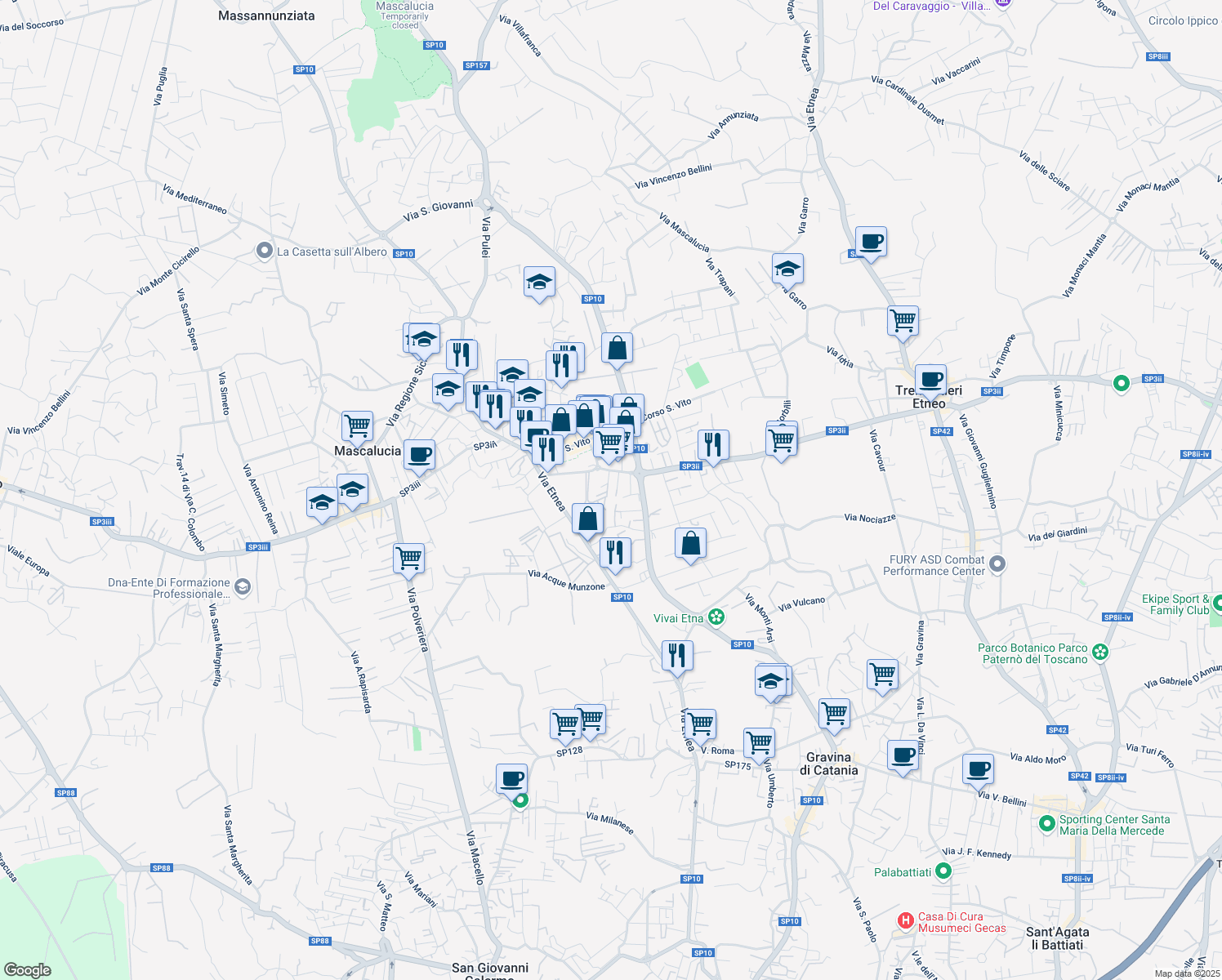 map of restaurants, bars, coffee shops, grocery stores, and more near 13 Via Giarre in Mascalucia