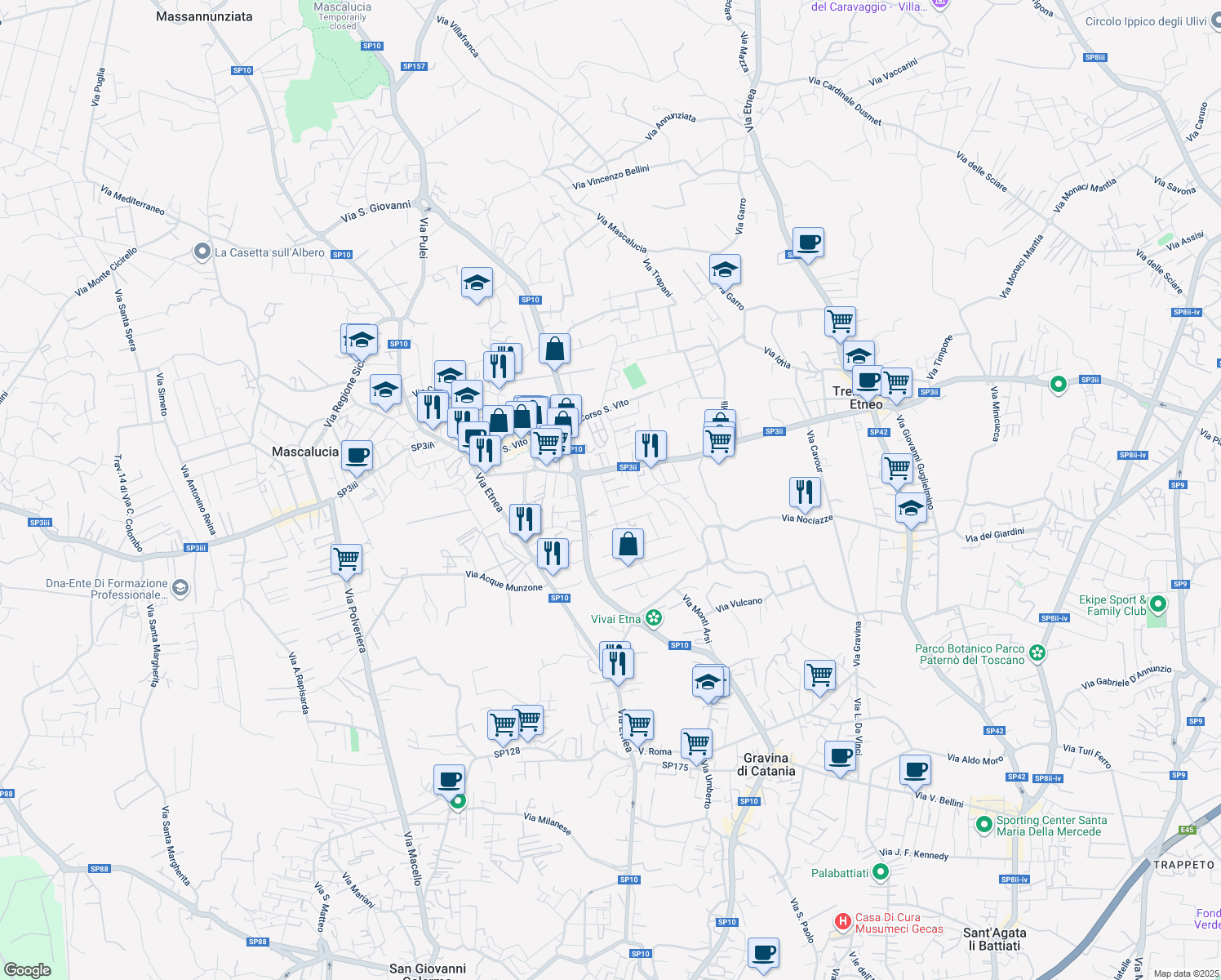 map of restaurants, bars, coffee shops, grocery stores, and more near 5 Via Siena in Mascalucia