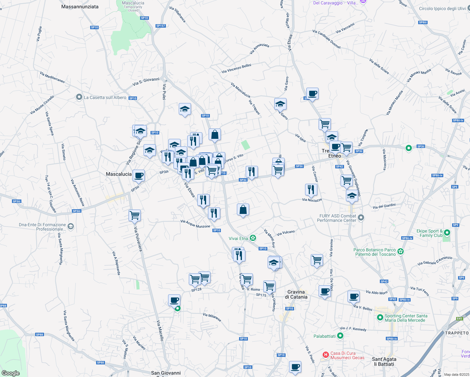 map of restaurants, bars, coffee shops, grocery stores, and more near 5 Via Siena in Mascalucia