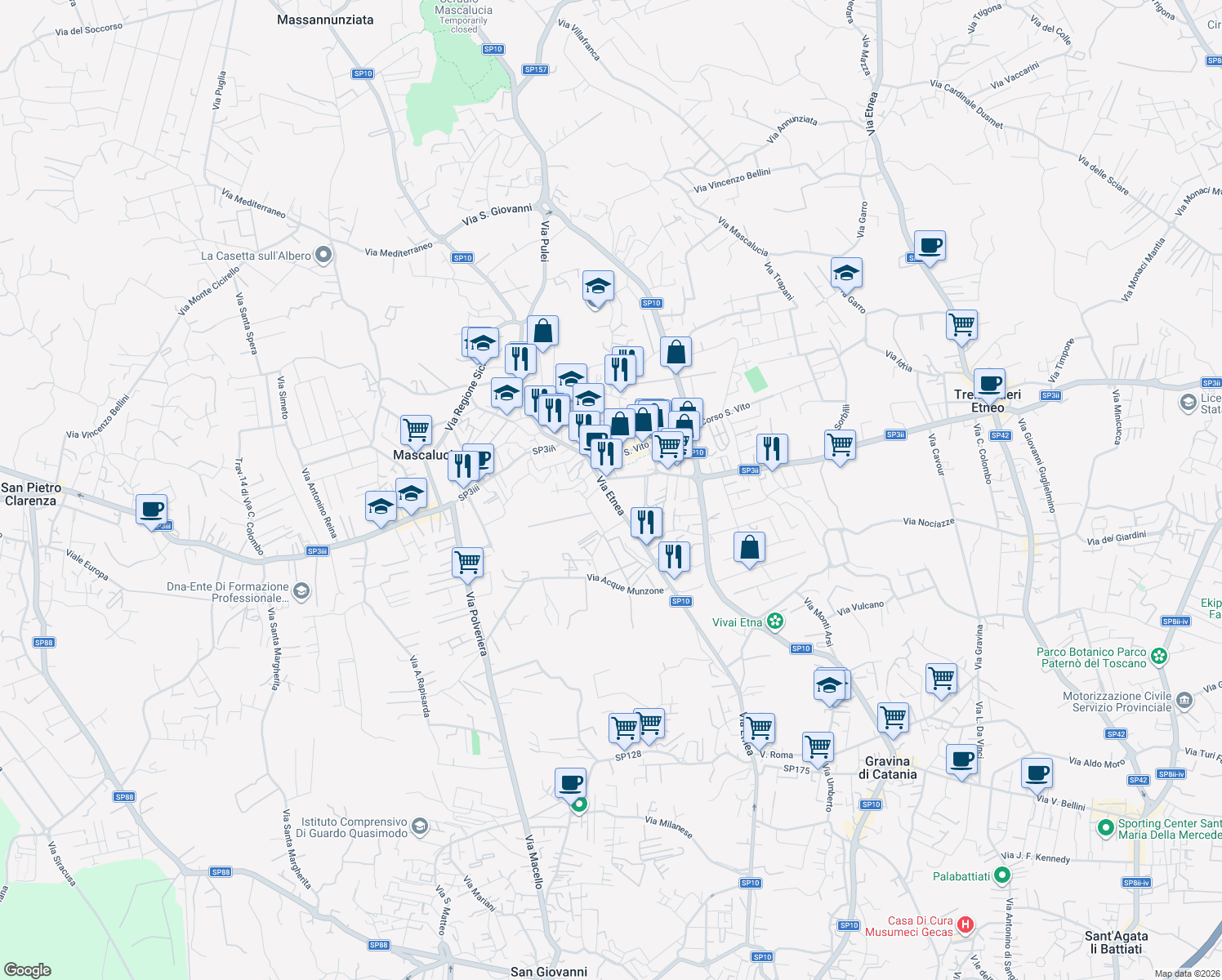 map of restaurants, bars, coffee shops, grocery stores, and more near 72 Via Etnea in Mascalucia