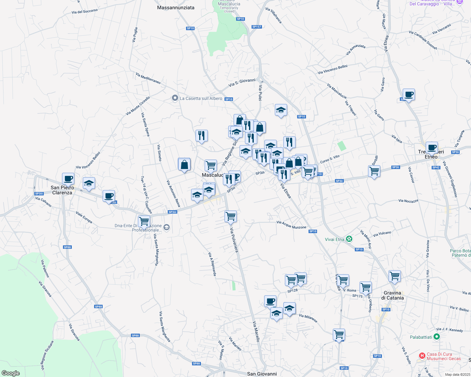 map of restaurants, bars, coffee shops, grocery stores, and more near 155 Via Roma in Mascalucia