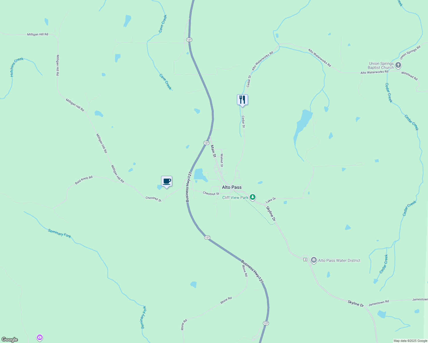 map of restaurants, bars, coffee shops, grocery stores, and more near 329 N Elm St in Alto Pass