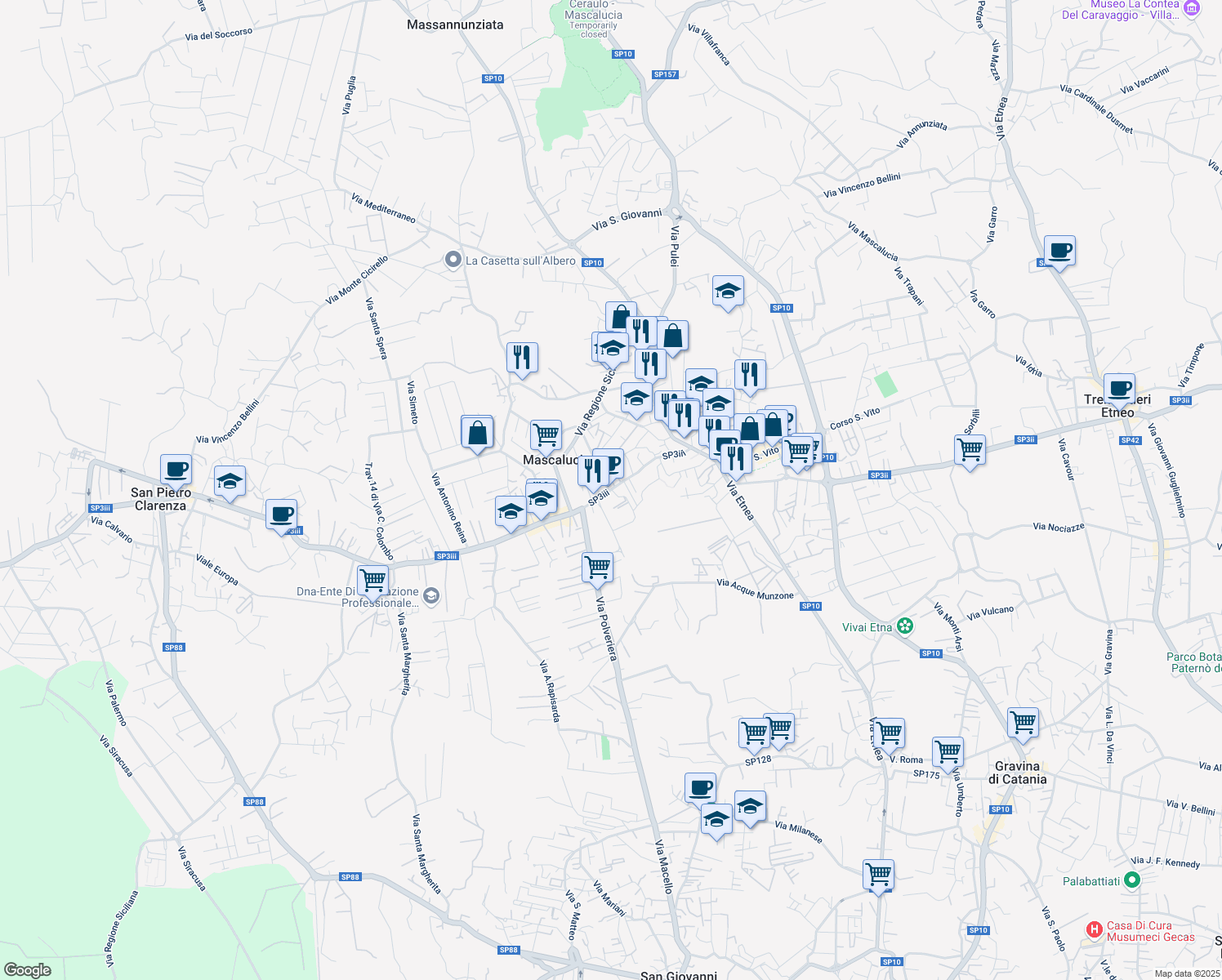 map of restaurants, bars, coffee shops, grocery stores, and more near 155 Via Roma in Mascalucia
