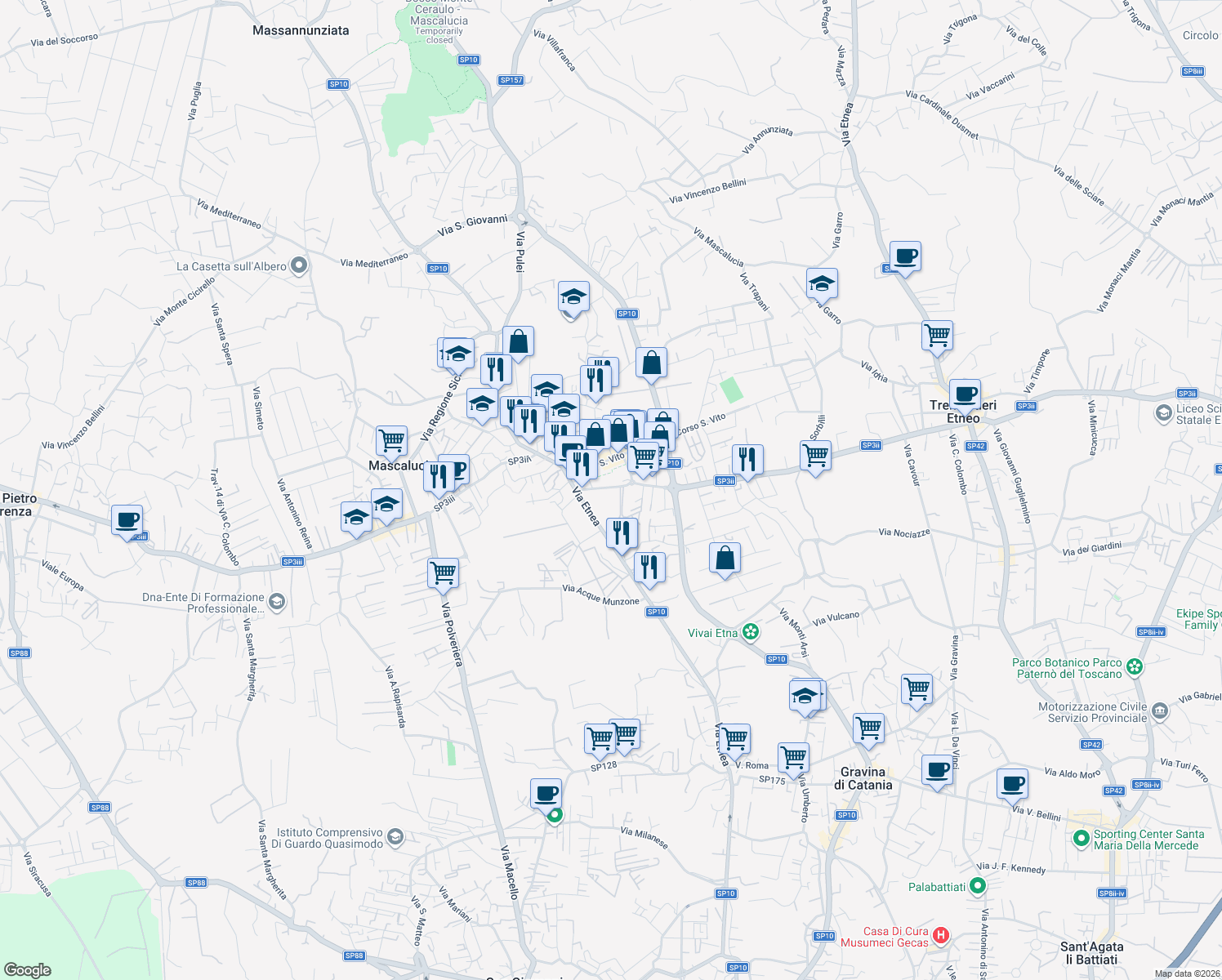 map of restaurants, bars, coffee shops, grocery stores, and more near 72 Via Etnea in Mascalucia