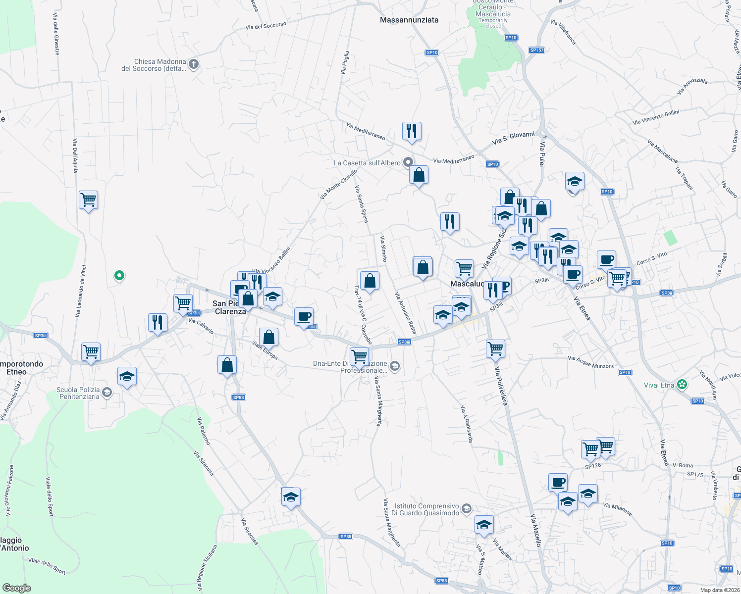 map of restaurants, bars, coffee shops, grocery stores, and more near 1 Trav.14 di Via C. Colombo in Mascalucia