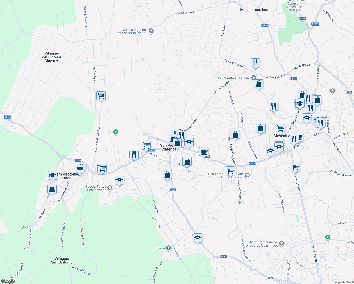 map of restaurants, bars, coffee shops, grocery stores, and more near 117 Via Umberto in San Pietro Clarenza