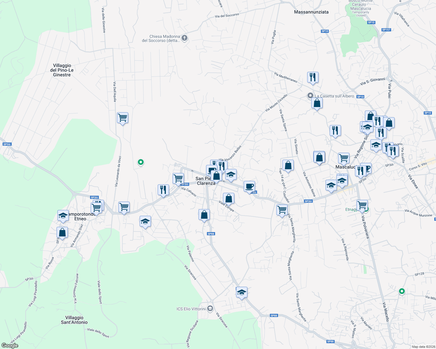 map of restaurants, bars, coffee shops, grocery stores, and more near 117 Via Umberto in San Pietro Clarenza
