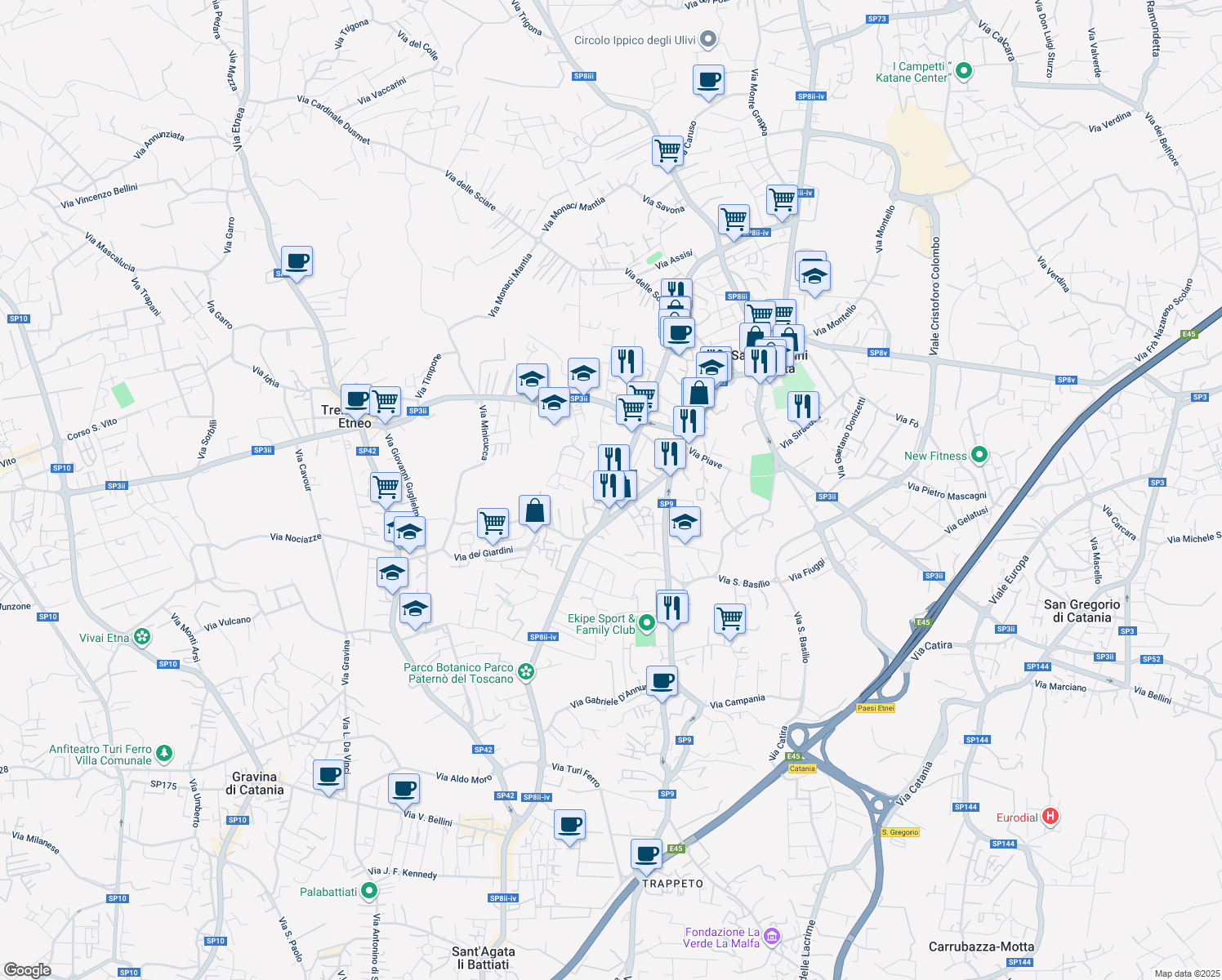 map of restaurants, bars, coffee shops, grocery stores, and more near 27 Via della Regione in San Giovanni La Punta