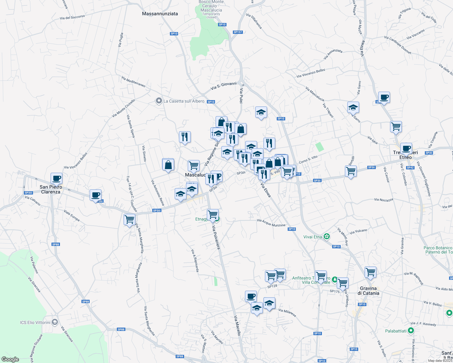 map of restaurants, bars, coffee shops, grocery stores, and more near 111 Via Roma in Mascalucia