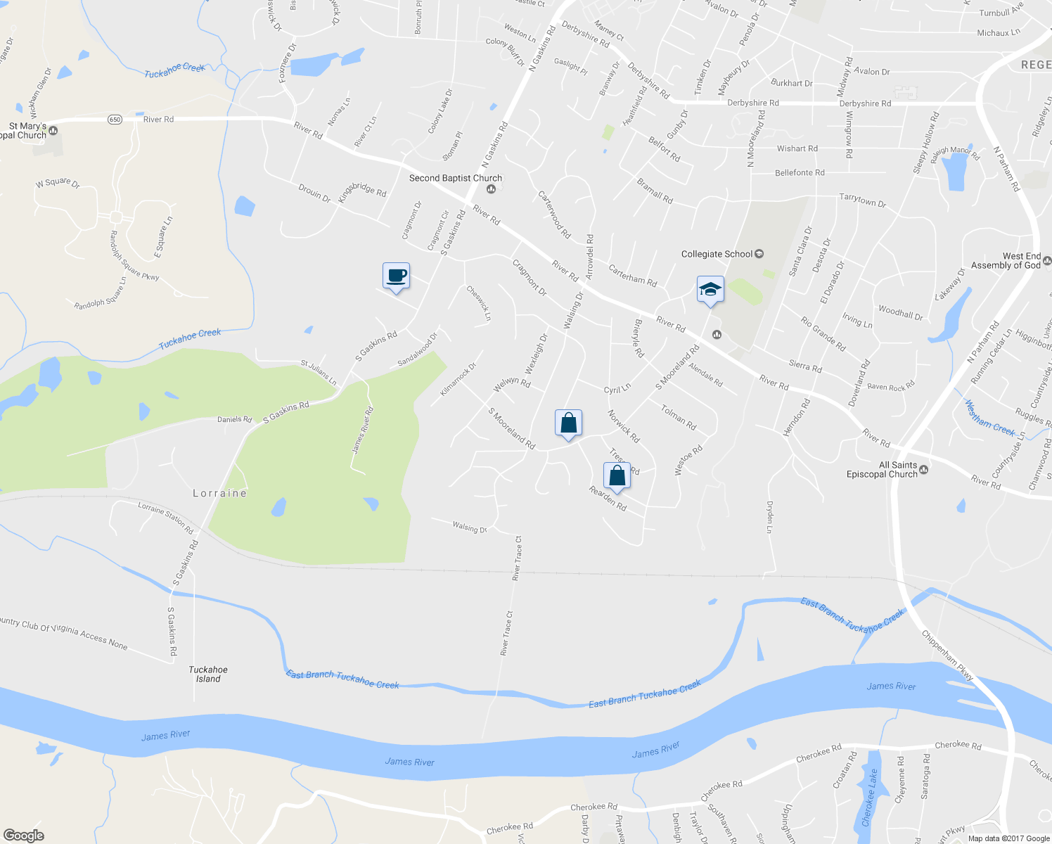 map of restaurants, bars, coffee shops, grocery stores, and more near 406 Walsing Drive in Richmond