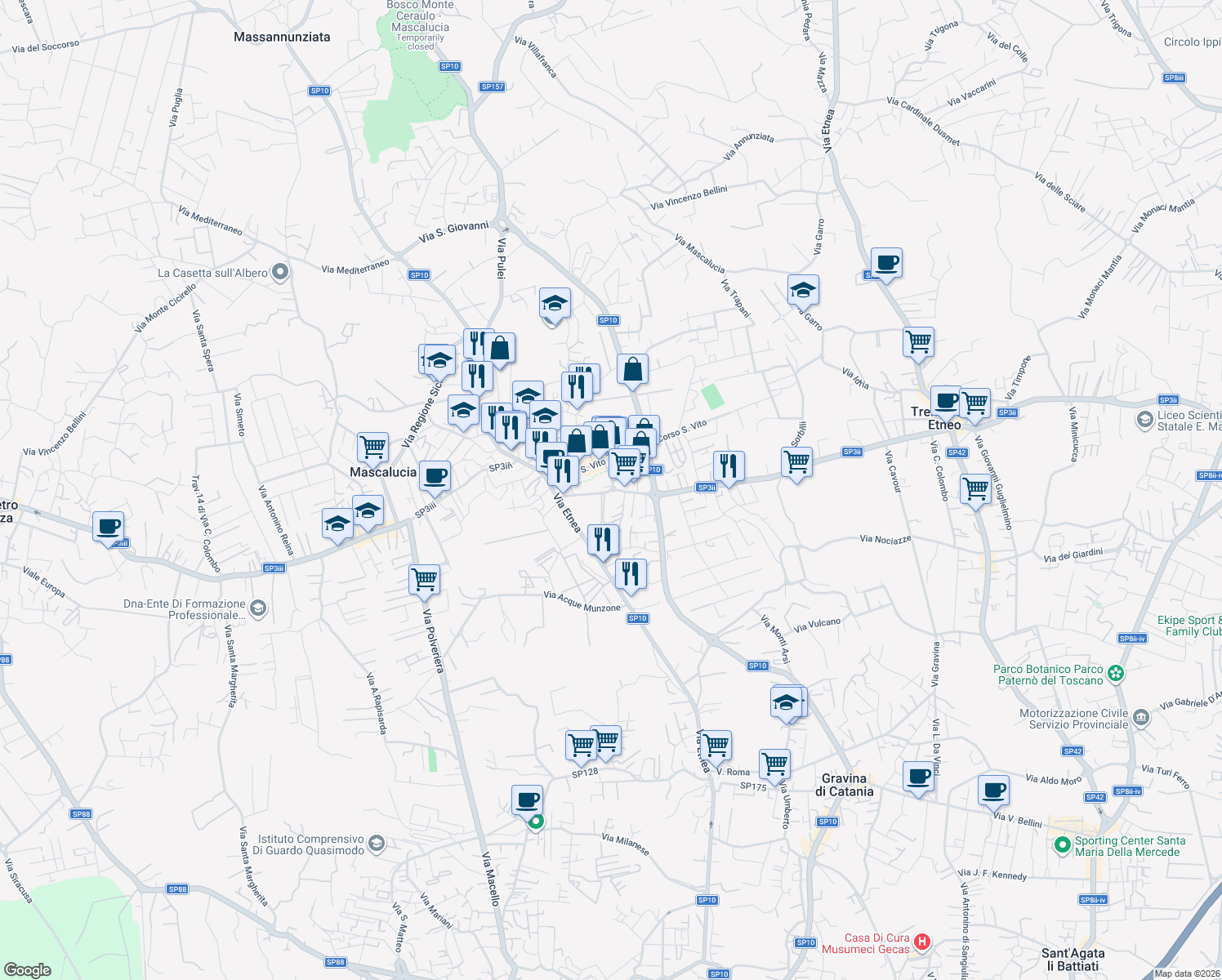 map of restaurants, bars, coffee shops, grocery stores, and more near 81 Corso San Vito in Mascalucia