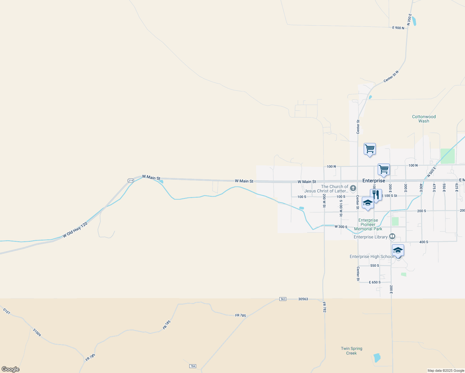 map of restaurants, bars, coffee shops, grocery stores, and more near 711 West Main Street in Enterprise