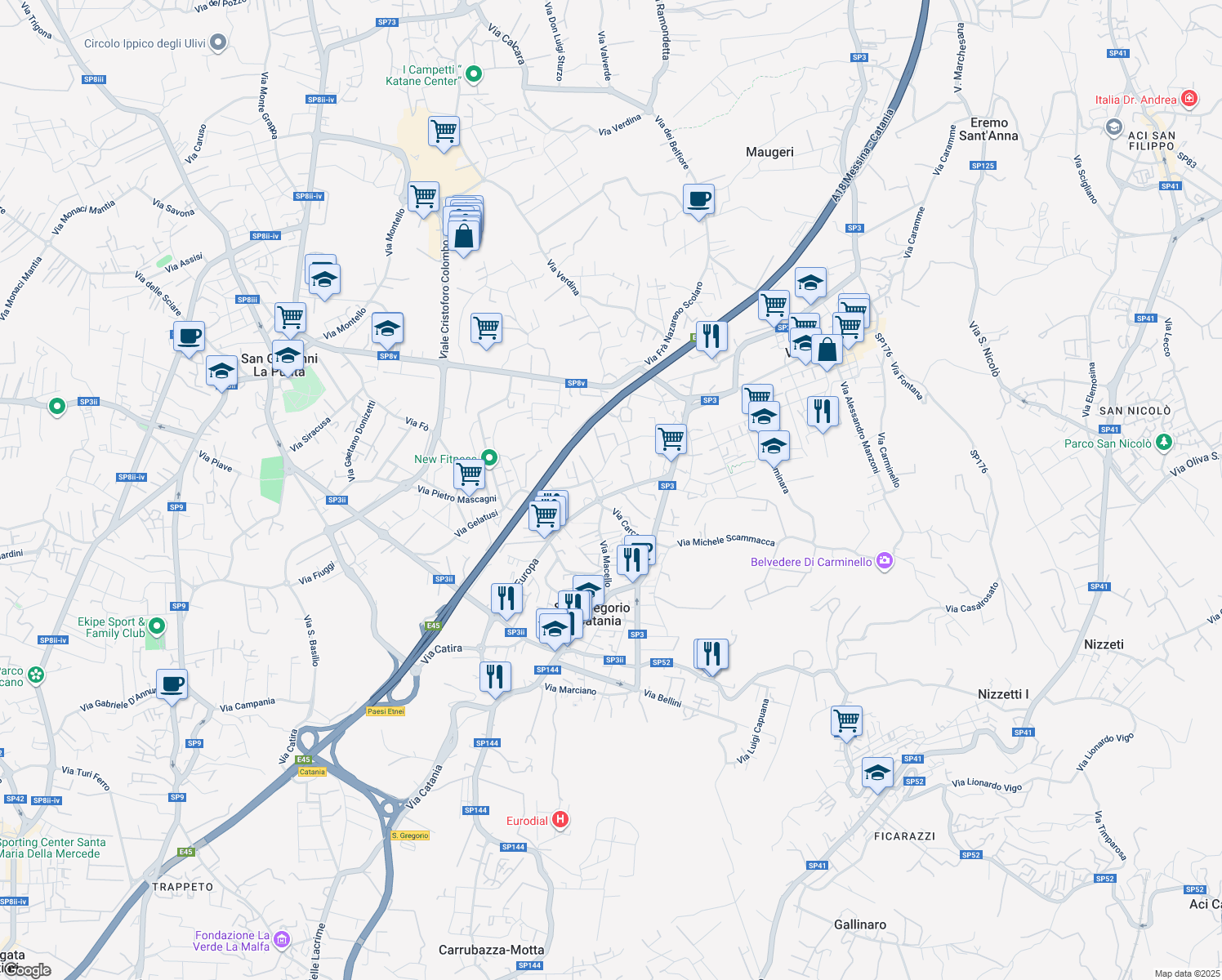 map of restaurants, bars, coffee shops, grocery stores, and more near 69 Viale Europa in San Gregorio di Catania