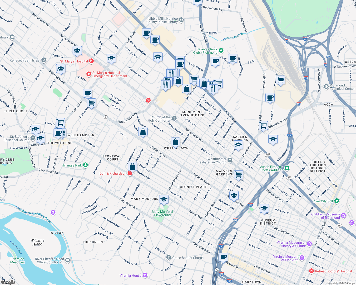 map of restaurants, bars, coffee shops, grocery stores, and more near 4707 Bromley Lane in Richmond