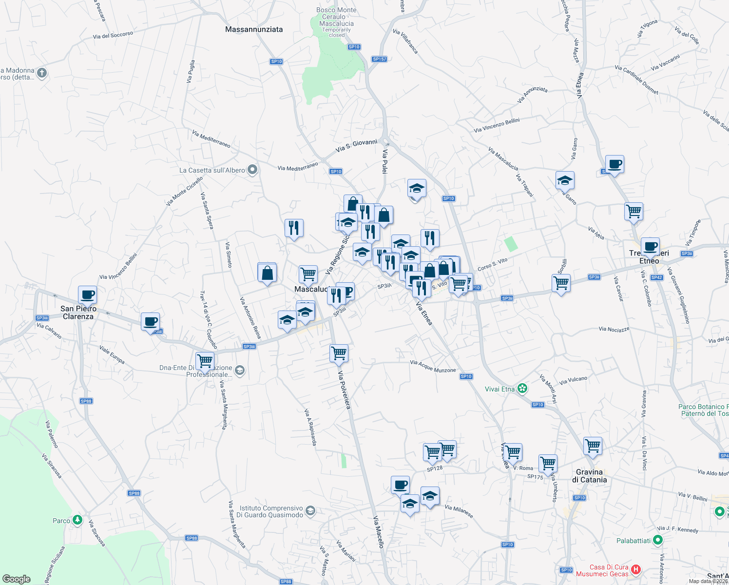 map of restaurants, bars, coffee shops, grocery stores, and more near 111 Via Roma in Mascalucia
